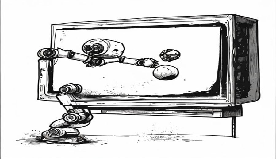 A robot succeeds at catching a ball inside a television screen while outside the screen it drops the ball