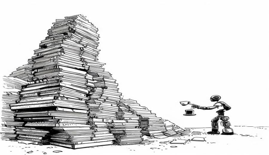 A mountain of books next to a small robot picking up one cup