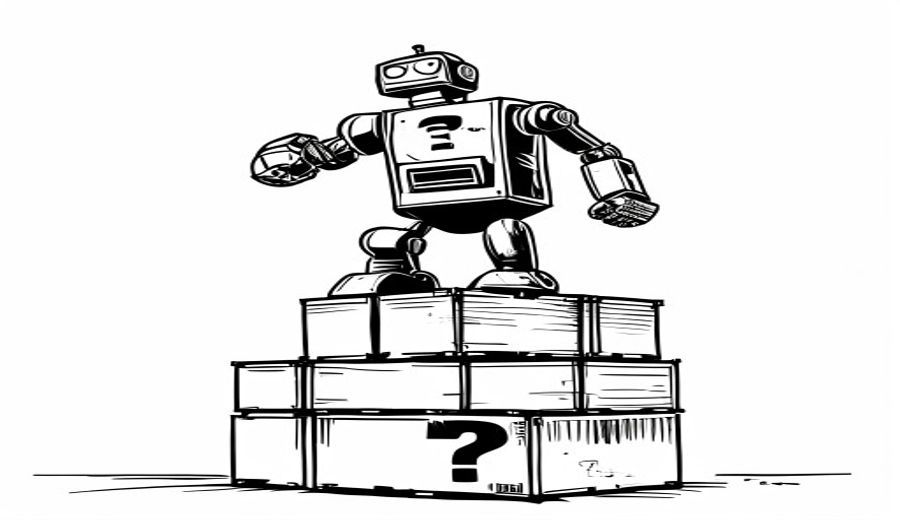 A robot balanced on a stack of crates where the bottom crate is a mystery box